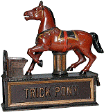 A wooden horse with a Trick Pony sign prominently displayed on its side, representing a playful concept related to shin splints